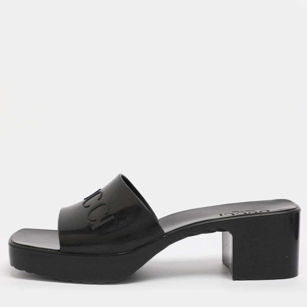 Gucci Black Rubber Embossed Logo Block Heel Slide Sandals Size 39 Gucci Black Rubber Embossed Logo Block Heel Slide Sandals Size 39