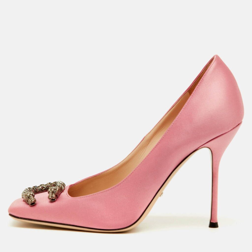 Gucci Light Pink Satin Dionysus Buckle Square Toe Pumps Size 40