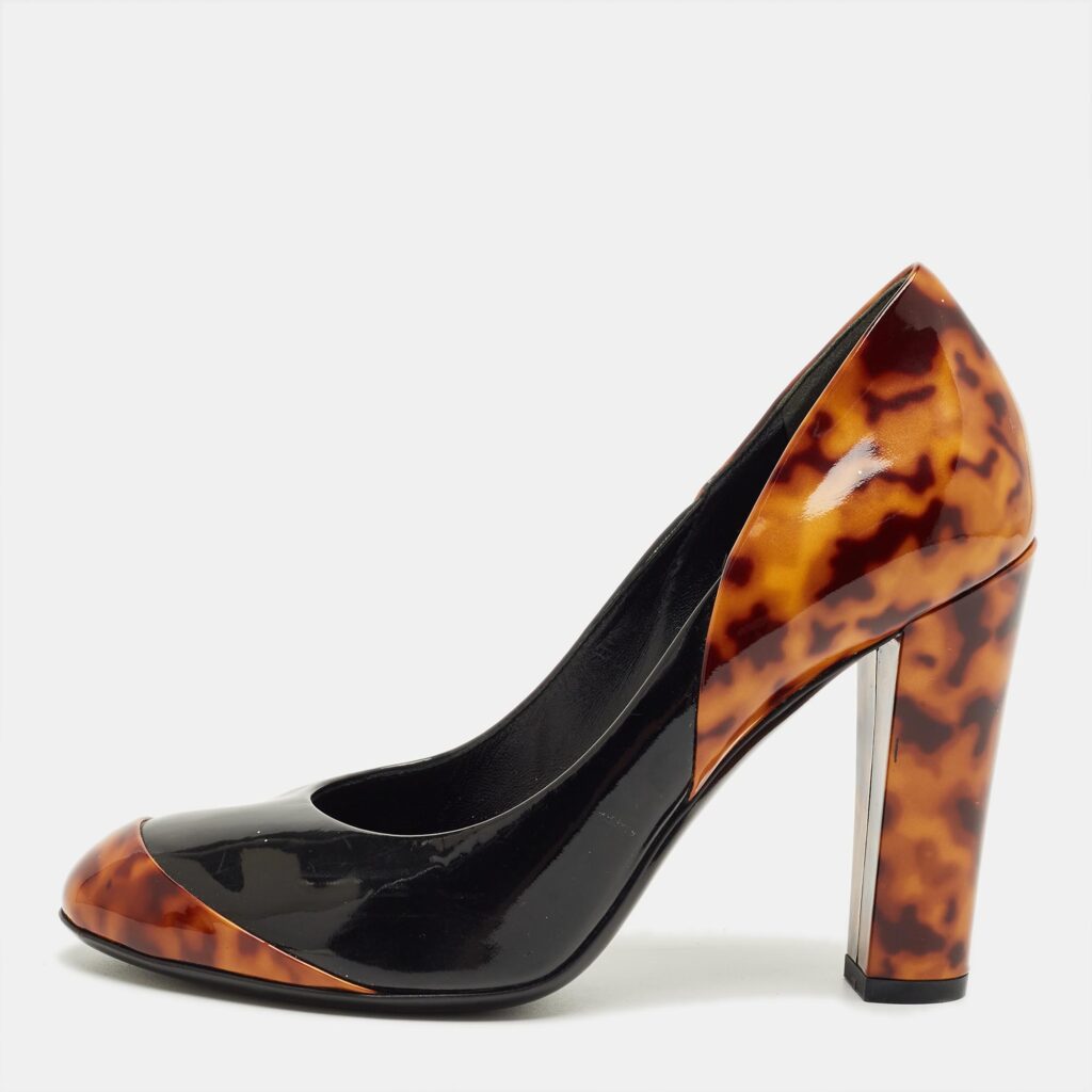 Gucci Brown/Black Patent Leather Block Heel Pumps Size 36