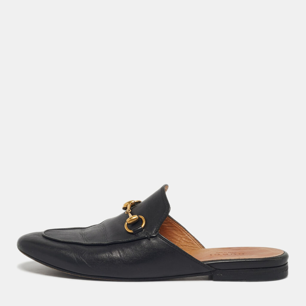 Gucci Black Leather Princetown Horsebit Flat Mules Size 36
