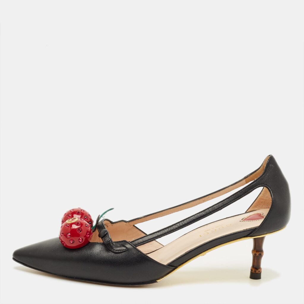 Gucci Black Leather Unia Cherry Bamboo Heel Pointed Toe Pump Size 36 Gucci Black Leather Unia Cherry Bamboo Heel Pointed Toe Pump Size 36
