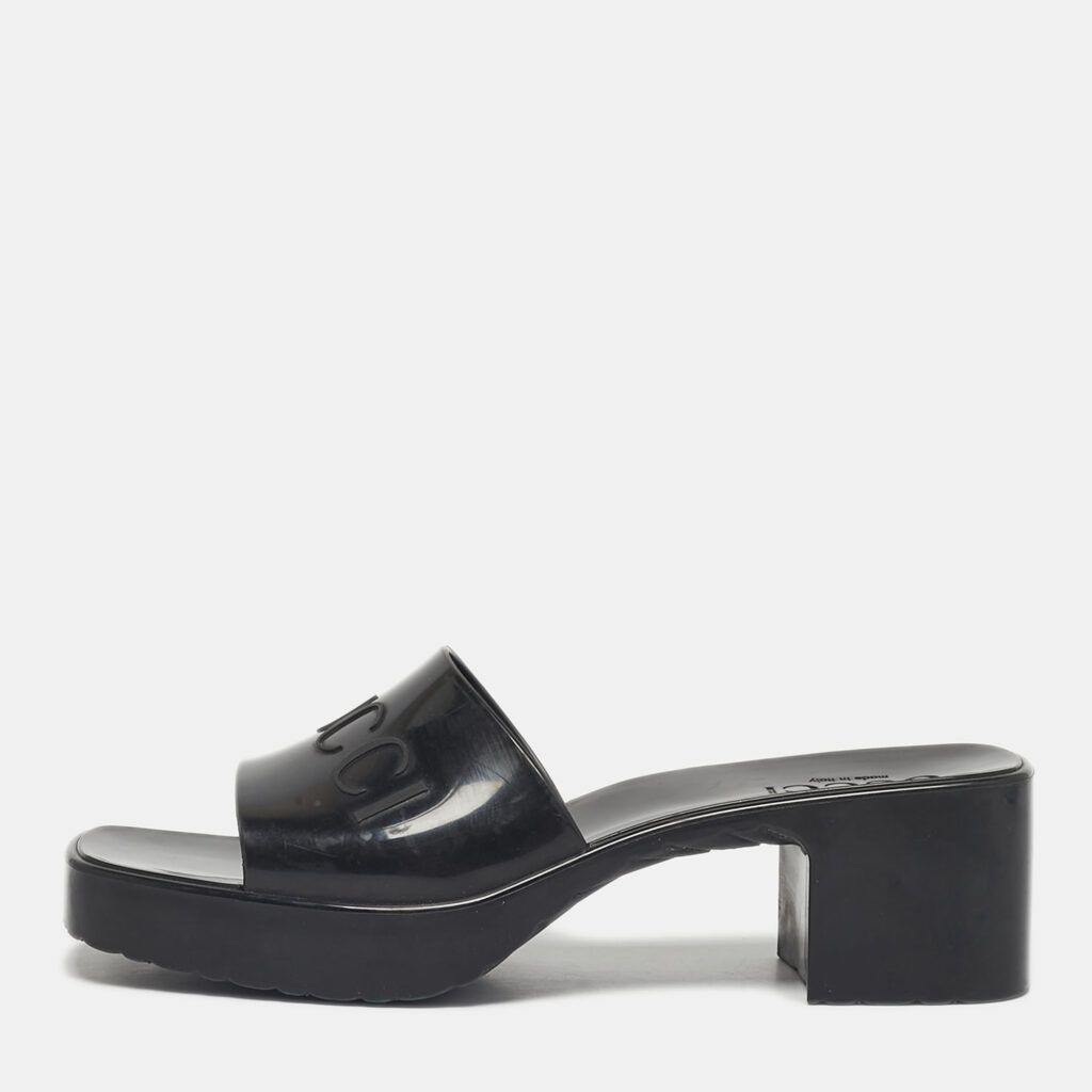 Gucci Black Rubber Logo Embossed Platform Slide Sandals Size 37