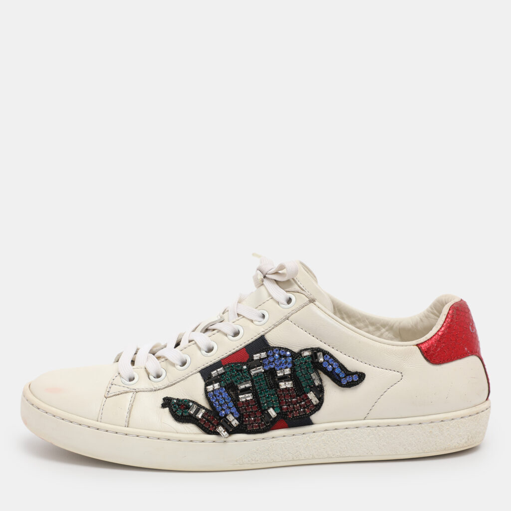 Gucci White Snakeskin Embossed and Leather Ace Low Top Sneakers Size 36.5