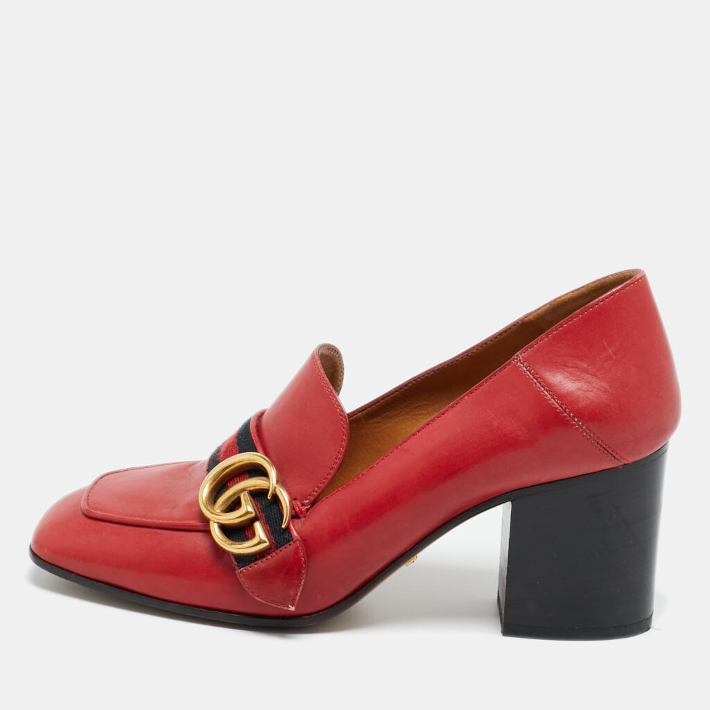 Gucci Red Leather GG Marmont Web Loafer Pumps Size 37