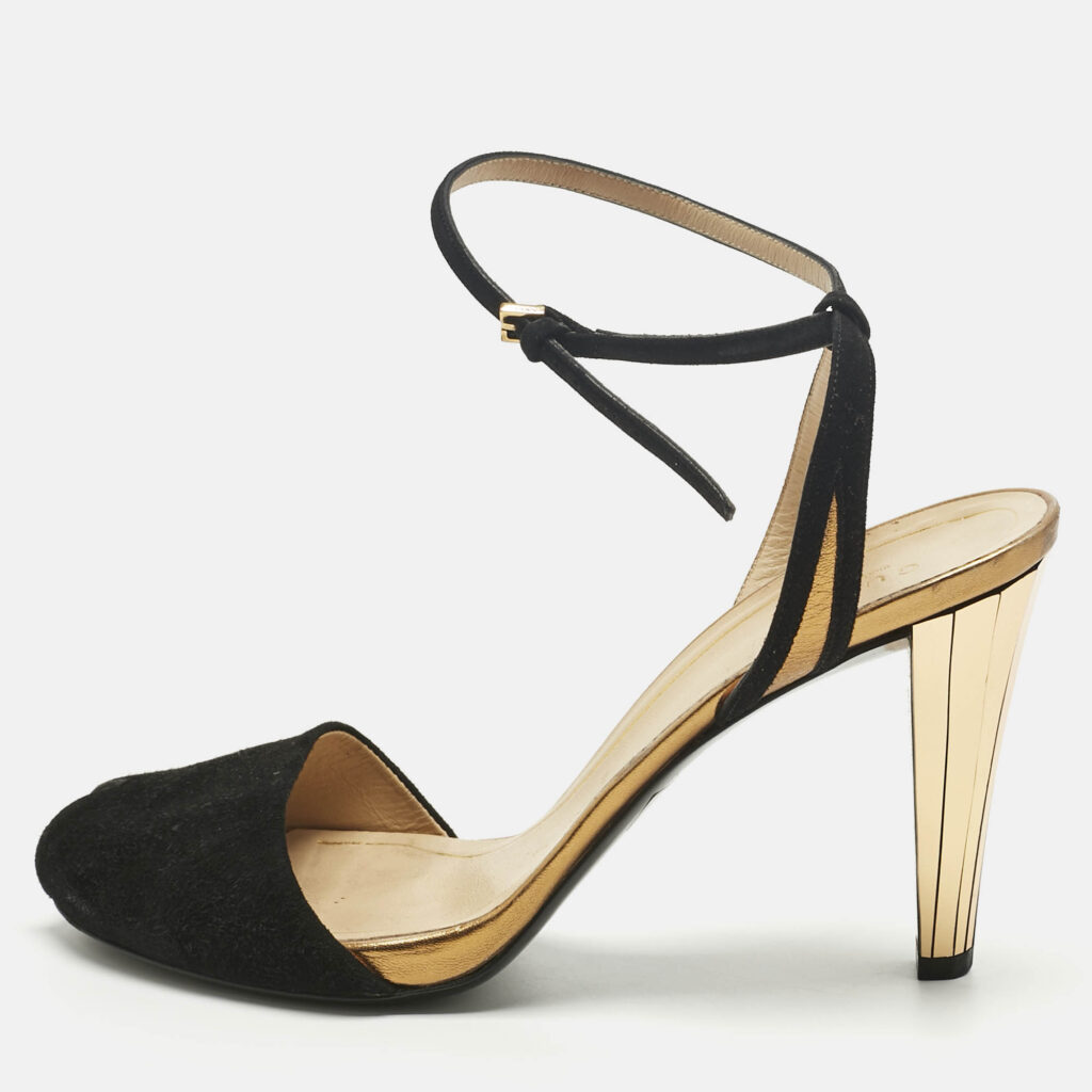 Gucci Black/Gold Leather and Suede Delphine Ankle Wrap Pumps Size 39 Gucci Black/Gold Leather and Suede Delphine Ankle Wrap Pumps Size 39
