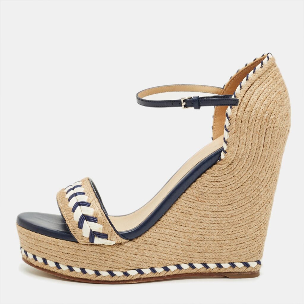 Gucci Beige/Blue Jute and Leather Crystal Embellished Espadrille Wedge Sandals Size 39.5