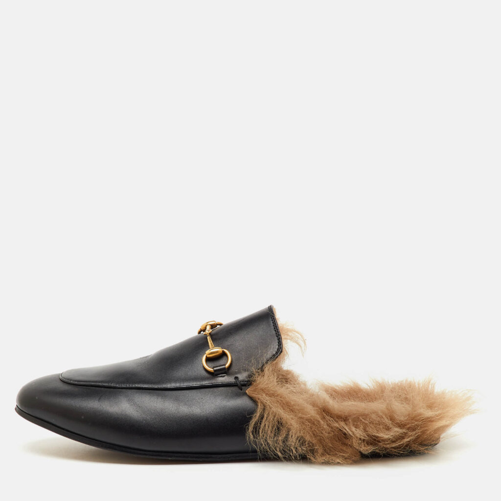 Gucci Black Leather and Fur Princetown Horsebit Flat Mules Size 41