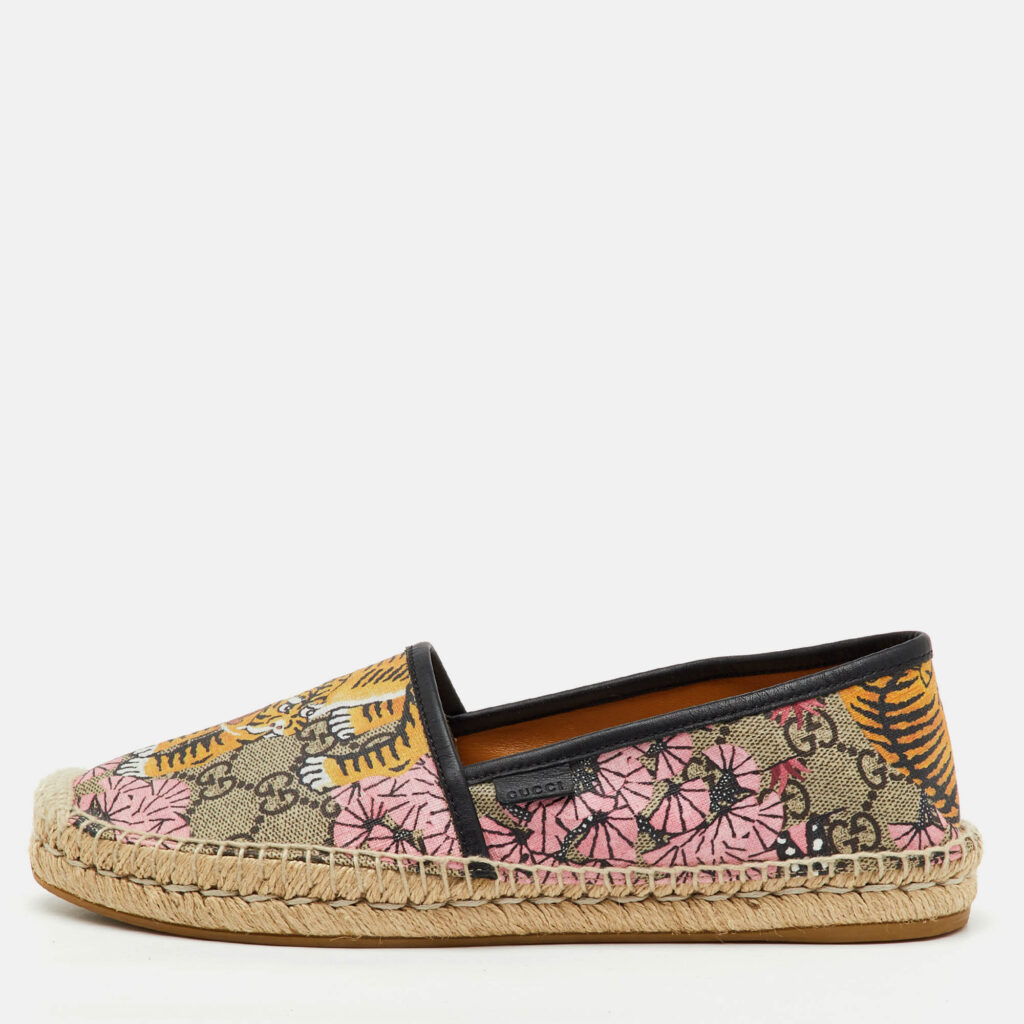 Gucci Multicolor GG Supreme Canvas Bengal Tiger Print Pillar Espadrille Flats Size 39.5 Gucci Multicolor GG Supreme Canvas Bengal Tiger Print Pillar Espadrille Flats Size 39.5