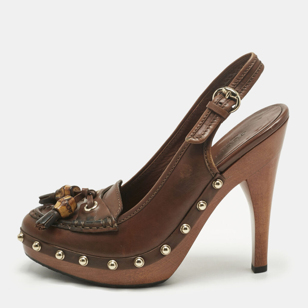 Gucci Brown Leather Bamboo Fringe Slingback Pumps Size 36