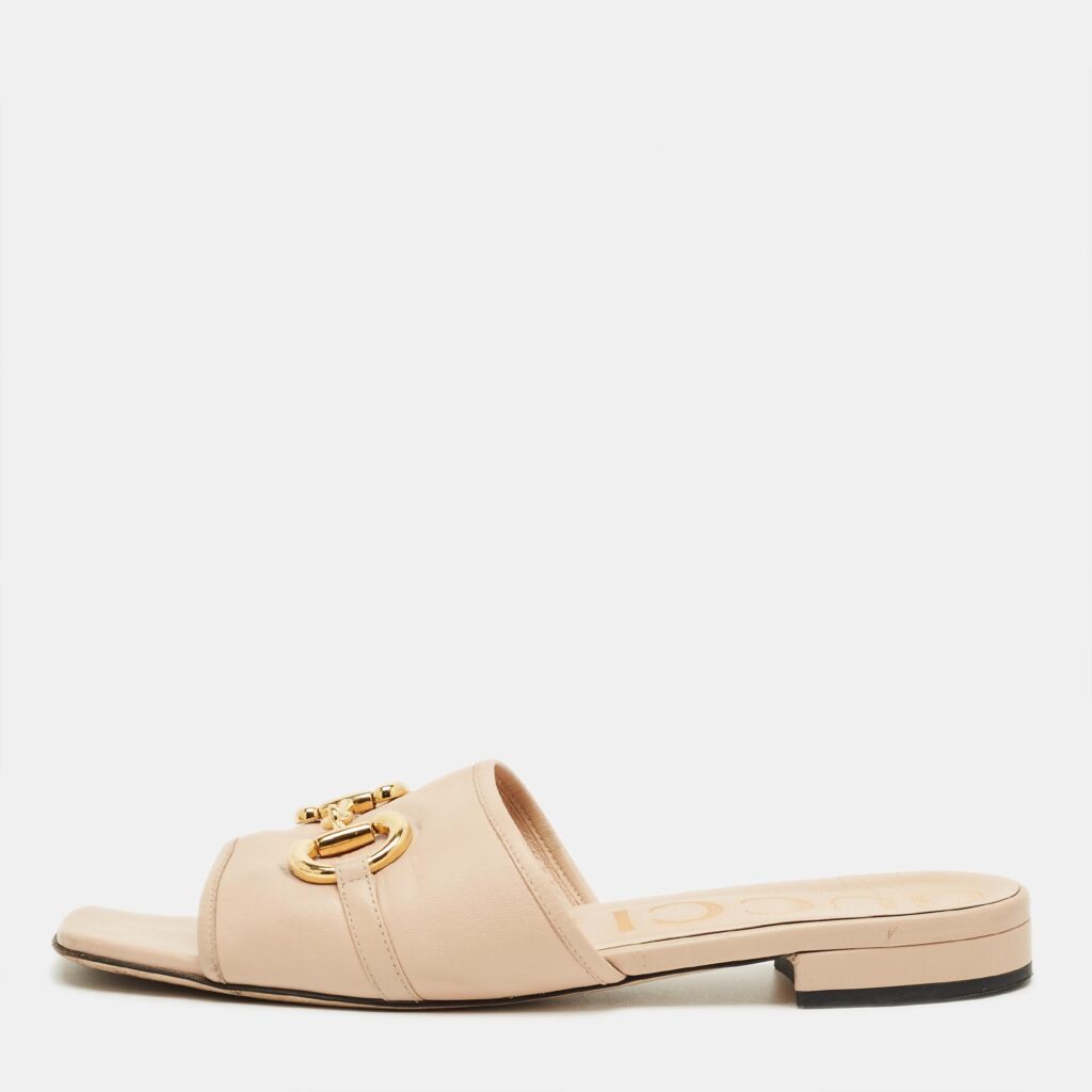 Gucci Pink Leather Horsebit Slide Flats Size 40