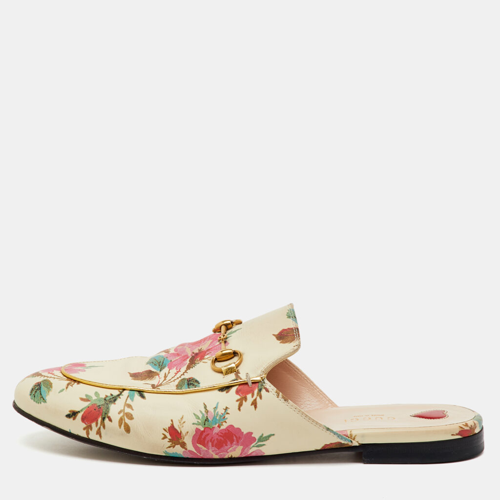 Gucci Cream Leather Floral Print Princetown Flat Mules Size 41.5