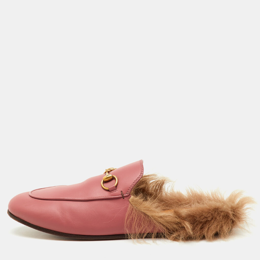 Gucci Rose Pink Leather and Fur Princetown Horsebit Flat Mules Size 37.5