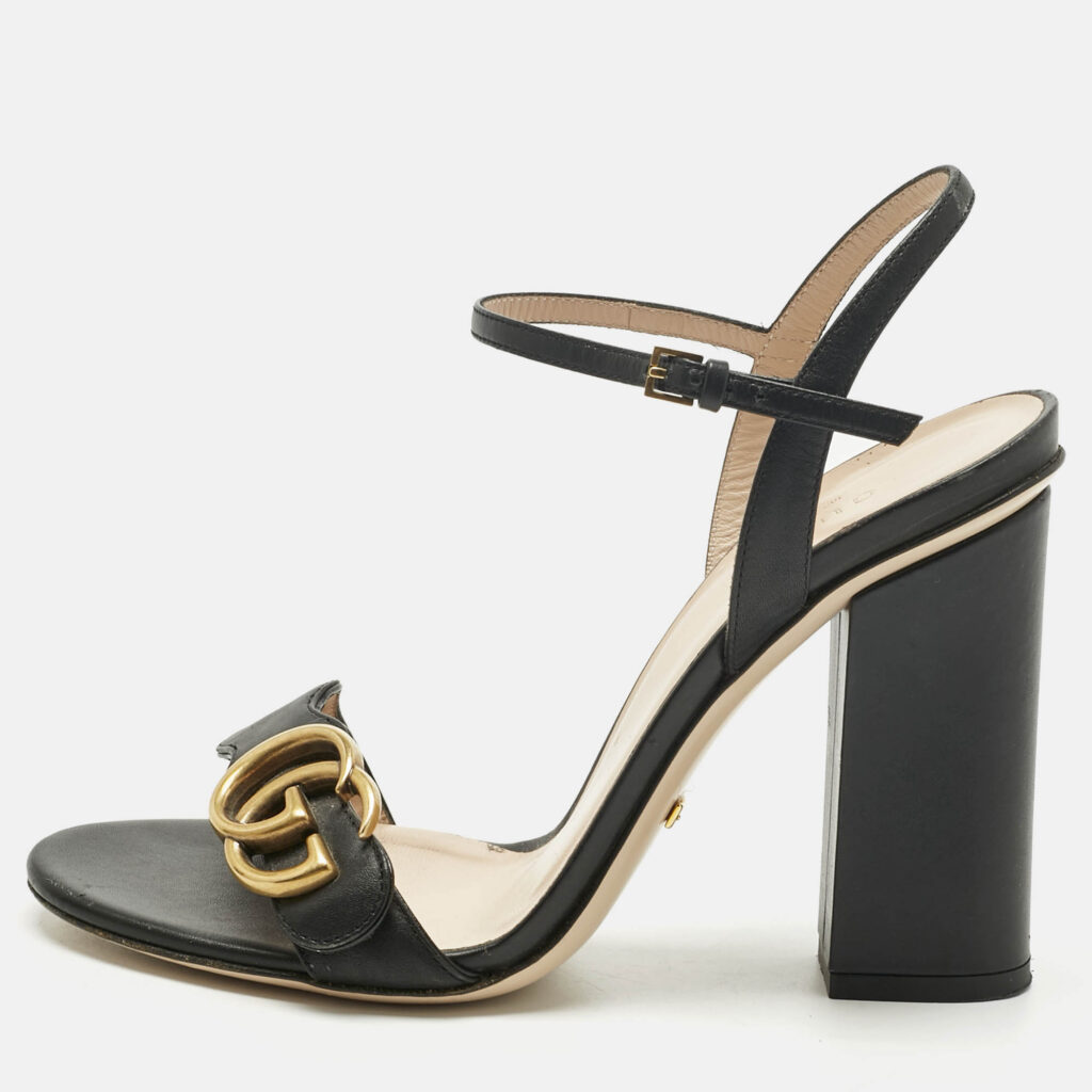 Gucci Black Leather GG Marmont Ankle Strap Sandals Size 36.5