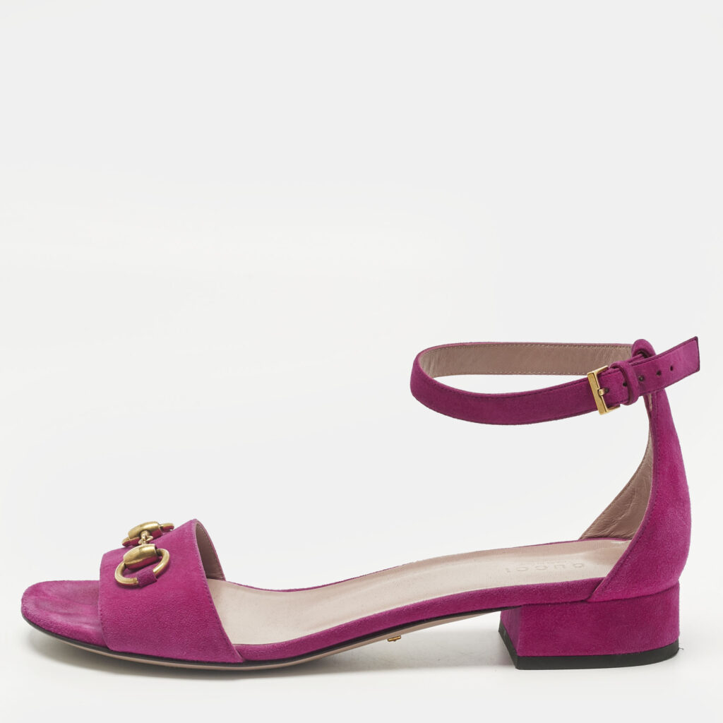Gucci Purple Suede Horsebit Ankle Strap Sandals Size 39