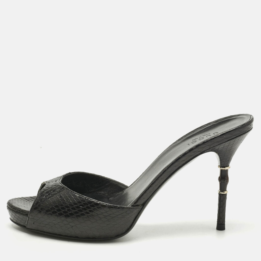 Gucci Black Python Bamboo Heel Slide Sandals Size 38
