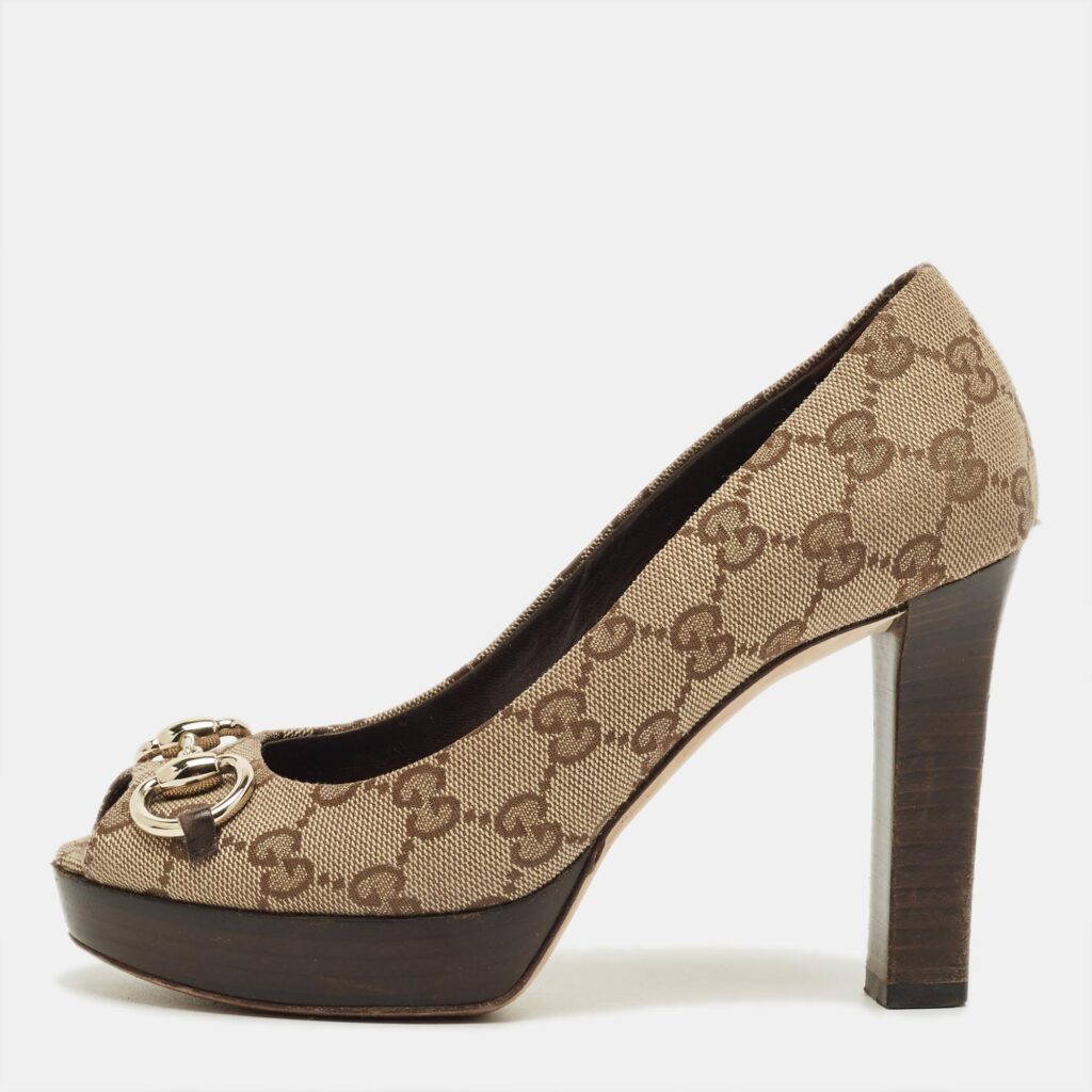 Gucci Beige/Brown GG Canvas and Leather Horsebit Platform Pumps Size 35.5