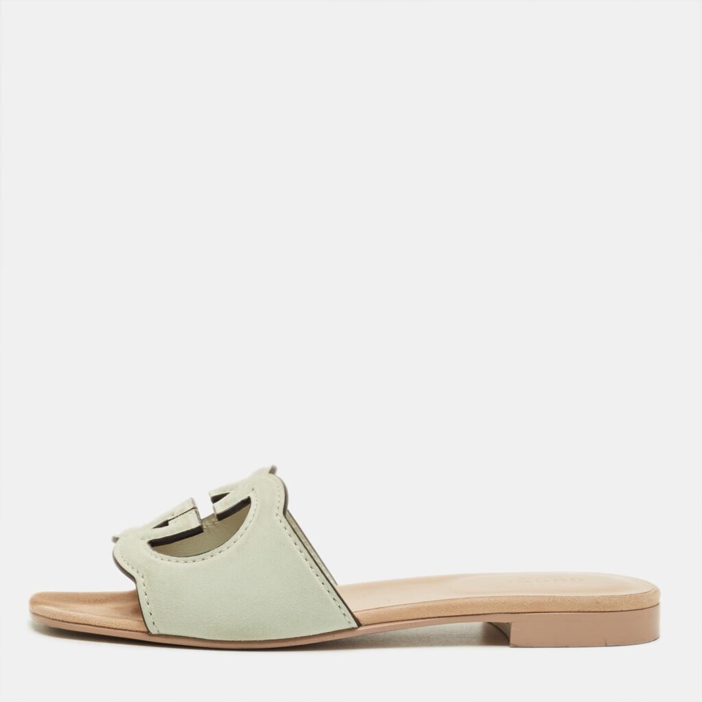 Gucci Pale Green Suede Interlocking G Flat Slides Size 37 Gucci Pale Green Suede Interlocking G Flat Slides Size 37