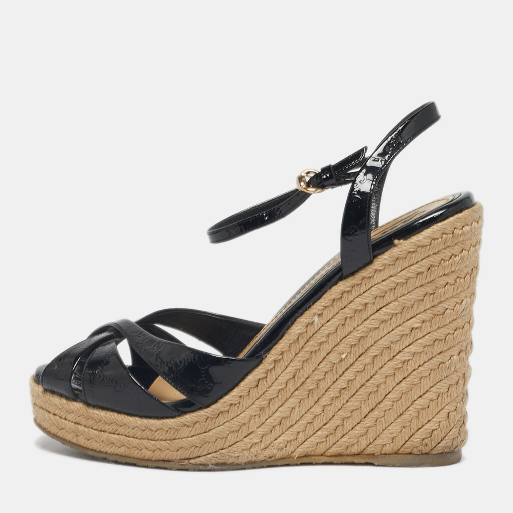 Gucci Black Patent Microguccissima Leather Penelope Espadrille Wedge Sandals Size 35.5 Gucci Black Patent Microguccissima Leather Penelope Espadrille Wedge Sandals Size 35.5