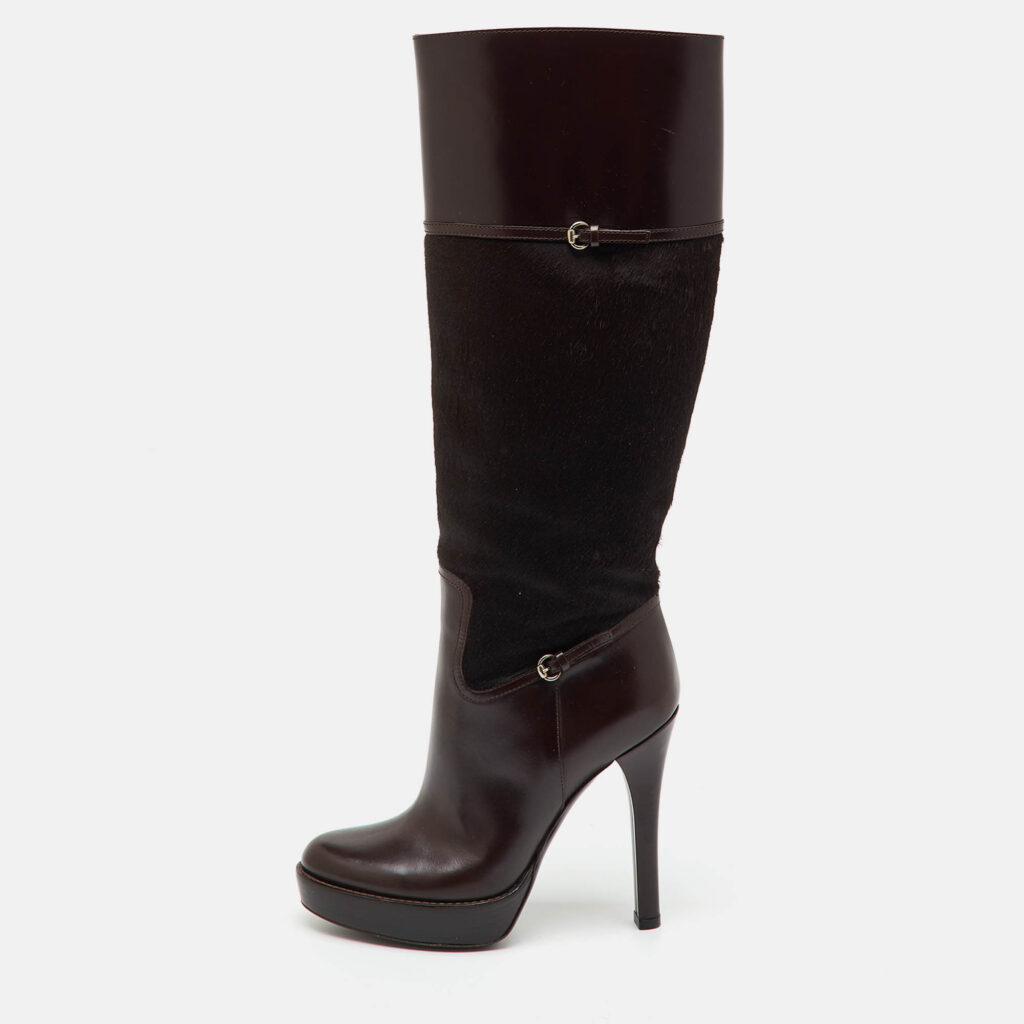 Gucci Dark Brown Leather and Calf Hair Knee Length Platform Boots Size 36.5