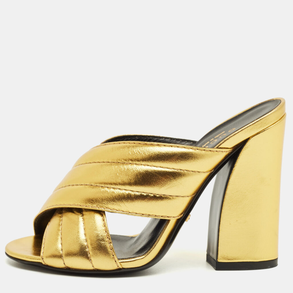 Gucci Metallic Gold Quilted Leather Webby Mules Sandals Size 35