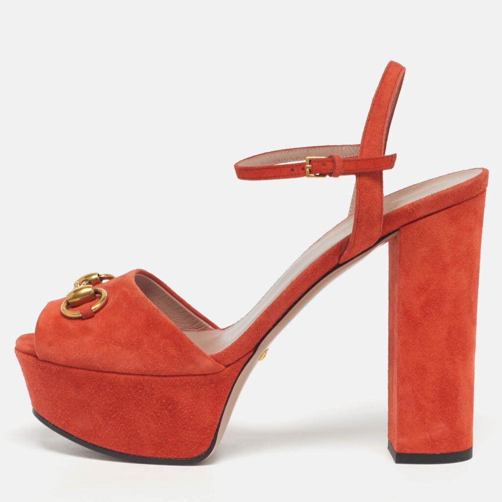 Gucci Orange Suede Horsebit Platform Ankle Strap Sandals Size 38 Gucci Orange Suede Horsebit Platform Ankle Strap Sandals Size 38