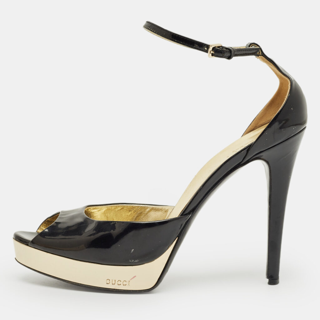Gucci Black Patent Leather Peep Toe Ankle Strap Sandals Size 38