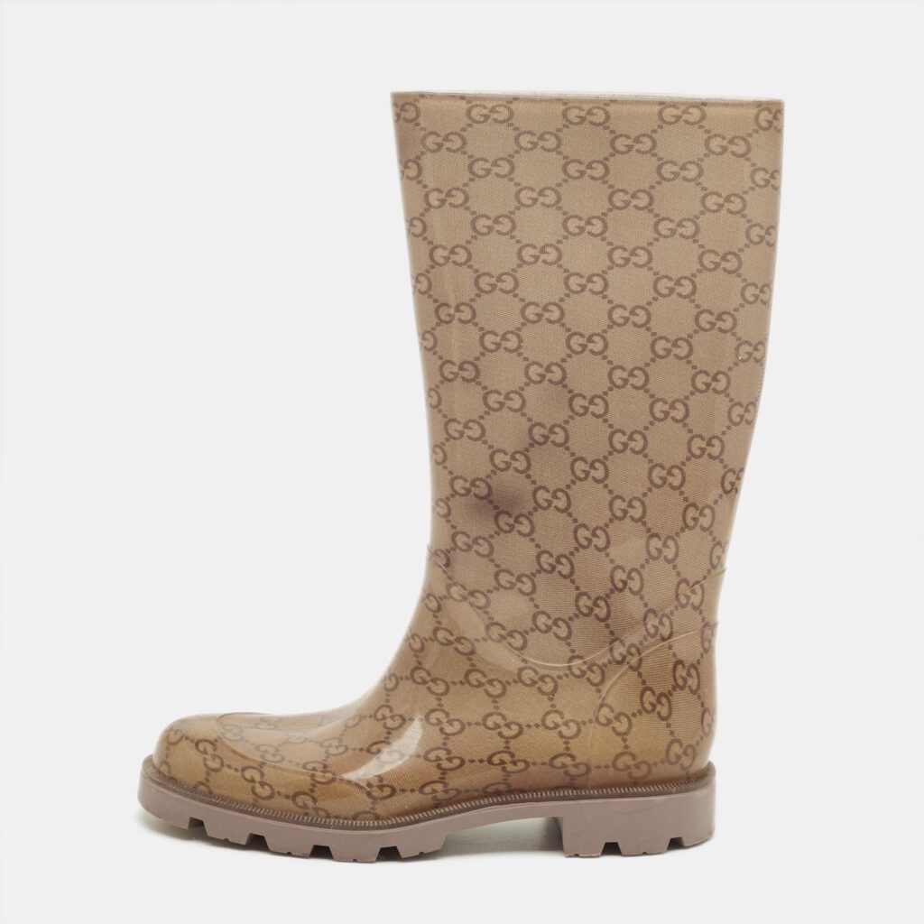 Gucci Biege GG Rubber Edimburg Rain Boots Size 38