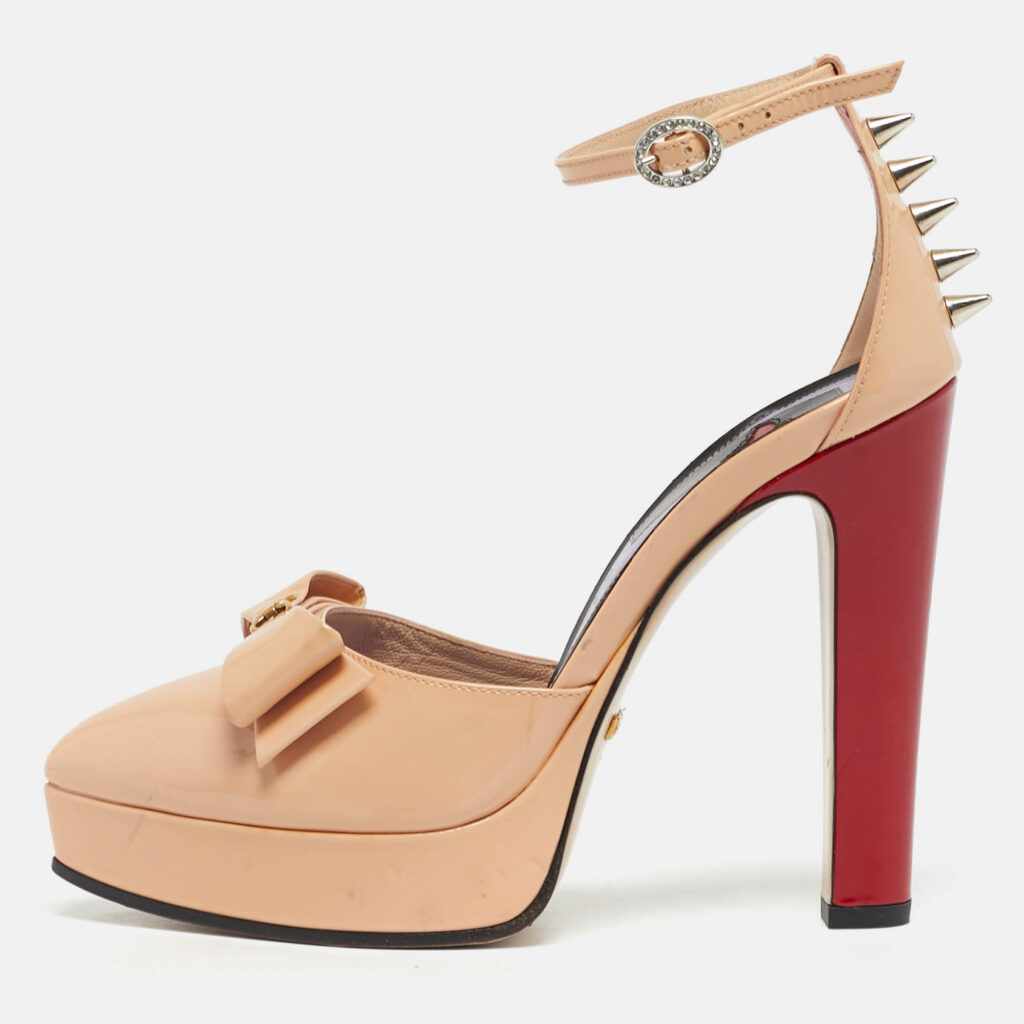 Gucci Beige Patent Leather Sadie Bow Spike Platform Pumps Size 36