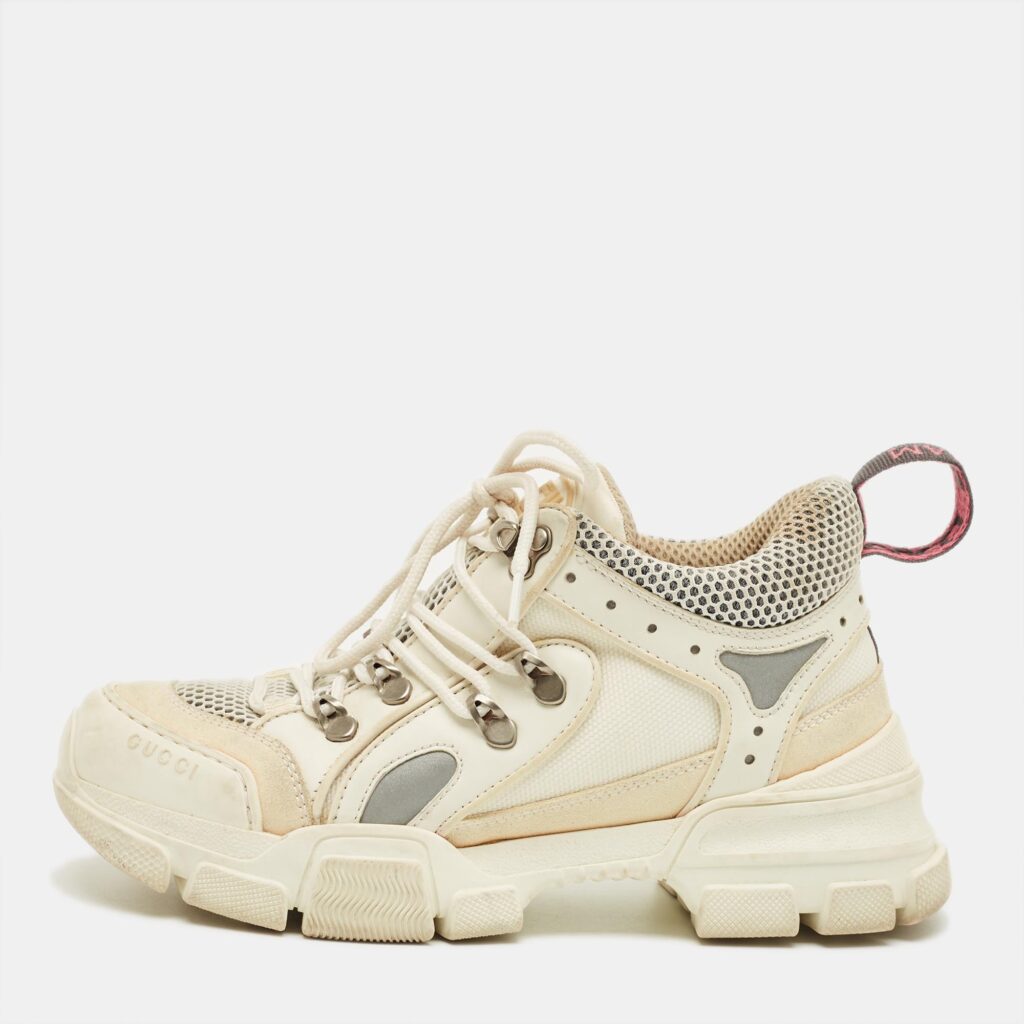 Gucci White/Grey Leather and Mesh Flashtrek Lace Up Sneakers Size 37 Gucci White/Grey Leather and Mesh Flashtrek Lace Up Sneakers Size 37