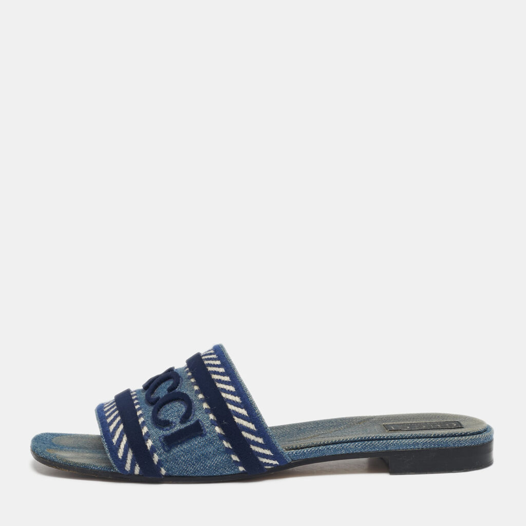 Gucci Blue Denim Logo Flat Slides Size 40.5 Gucci Blue Denim Logo Flat Slides Size 40.5