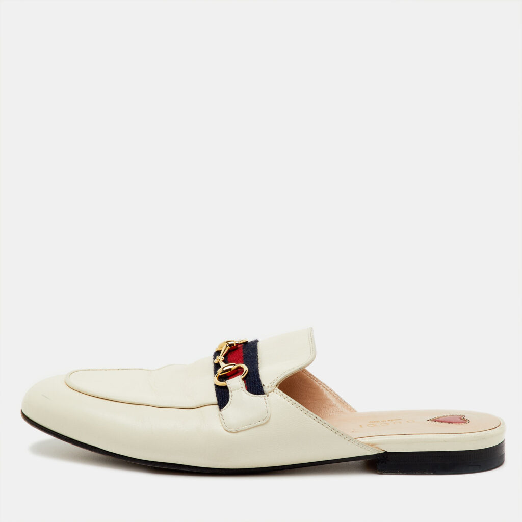 Gucci White Leather Web Horsebit Princetown Flat Mules Size 39 Gucci White Leather Web Horsebit Princetown Flat Mules Size 39