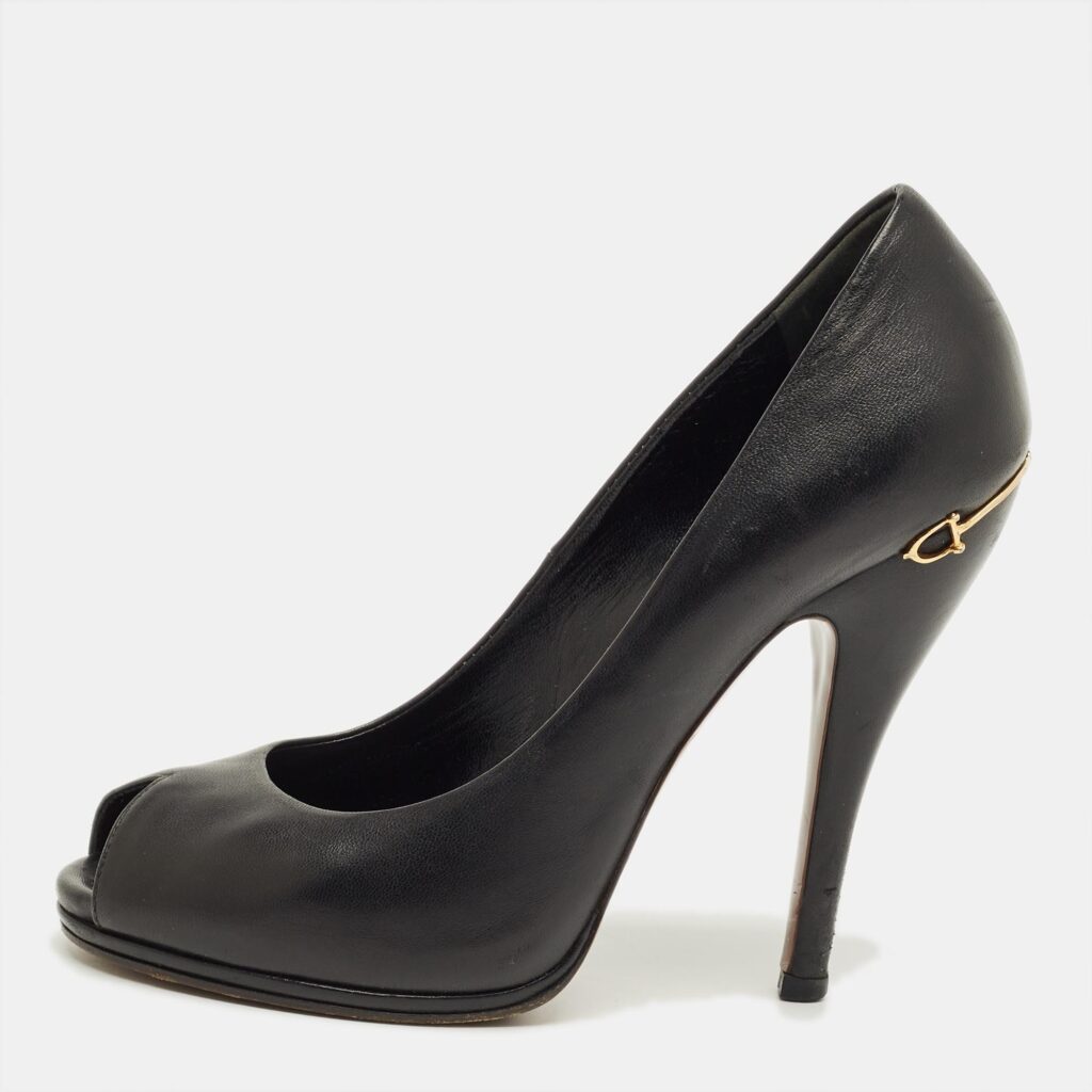 Gucci Black Leather Peep Toe Pumps Size 37.5