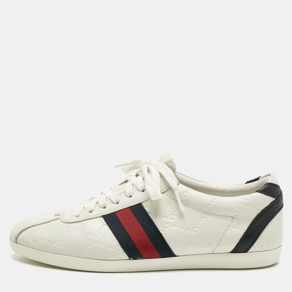Gucci White Leather Guccissima Web Lace Up Sneakers Size 37.5