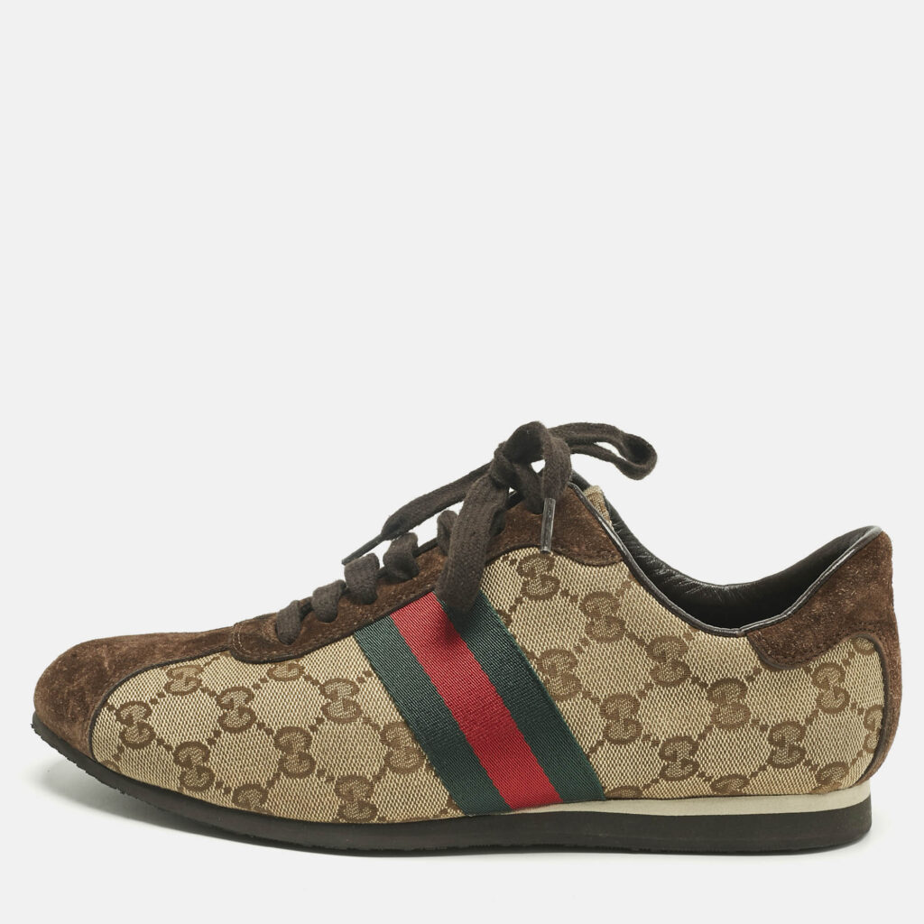 Gucci Brown/Beige Canvas and Suede Ace Lace Up Sneakers Size 38.5 Gucci Brown/Beige Canvas and Suede Ace Lace Up Sneakers Size 38.5