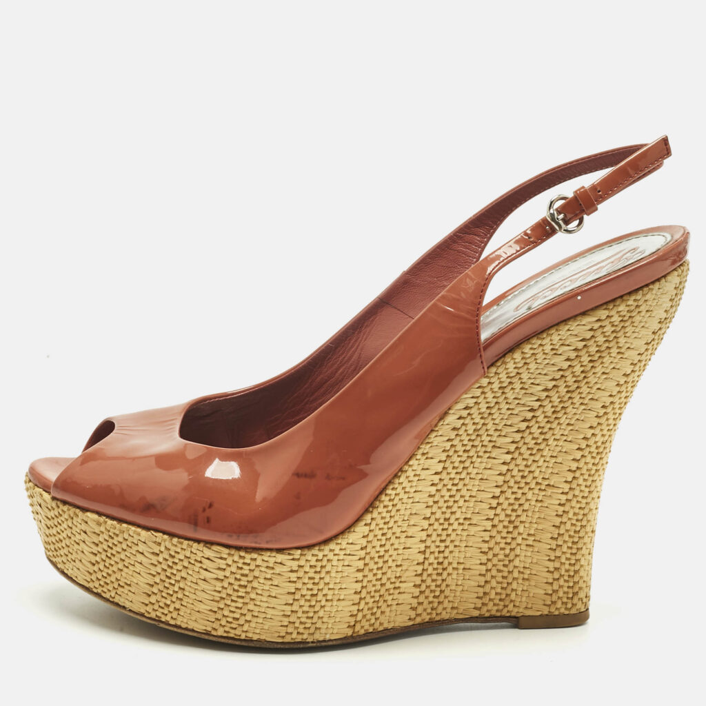 Gucci Coral Red Patent Leather Espadrille Wedge Slingback Pumps Size 41 Gucci Coral Red Patent Leather Espadrille Wedge Slingback Pumps Size 41