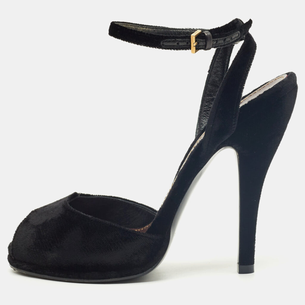 Gucci Black Velvet Peep Toe Ankle Strap Sandals Size 36.5