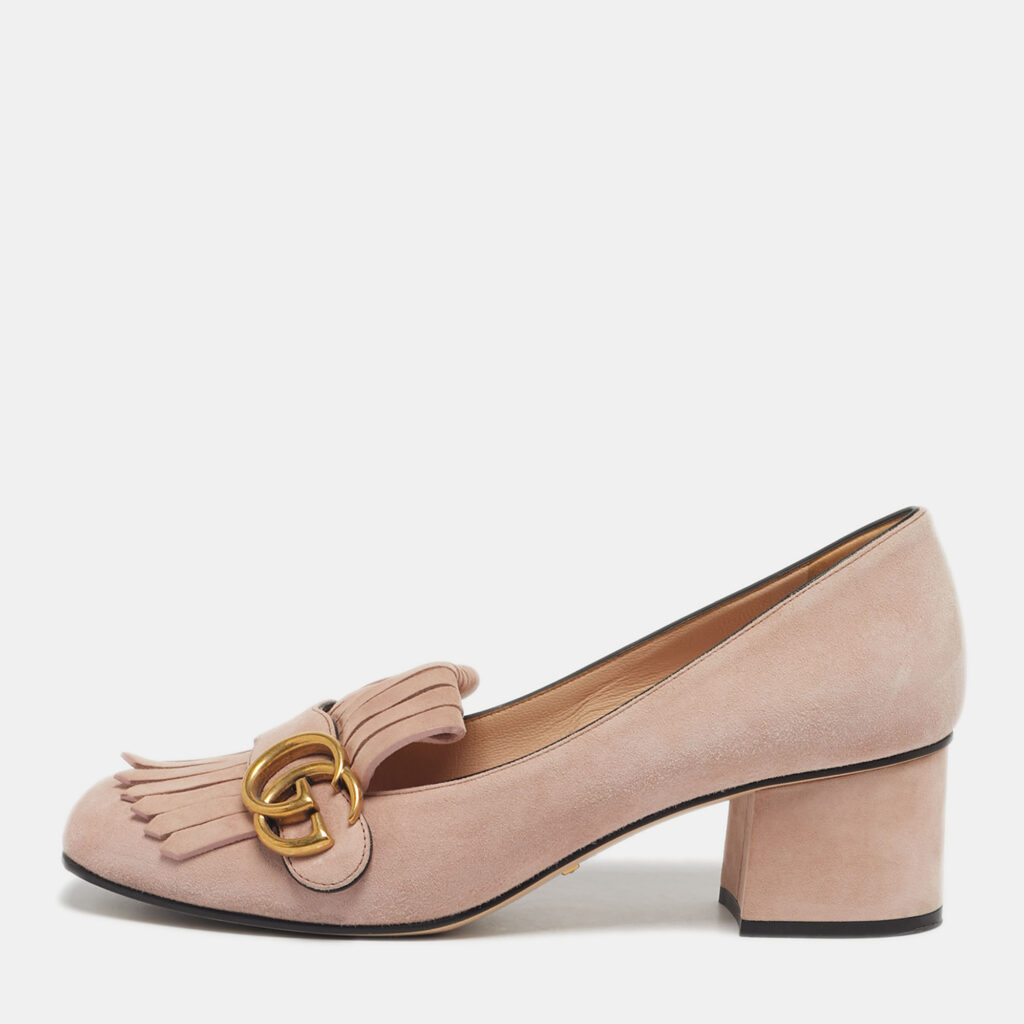 luxury-women-gucci-used-shoes-p1242657-001-1.jpg Gucci Light Pink Suede GG Marmont Fringe Block Heel Pumps Size 38.5