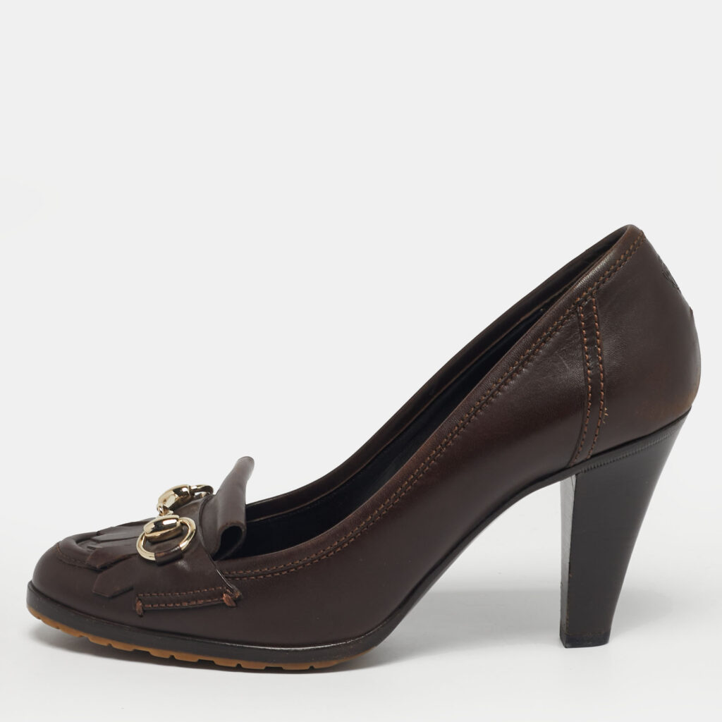 luxury-women-gucci-used-shoes-p1242799-009-1.jpg Gucci Brown Leather Horsebit Fringe Loafer Pumps Size 38
