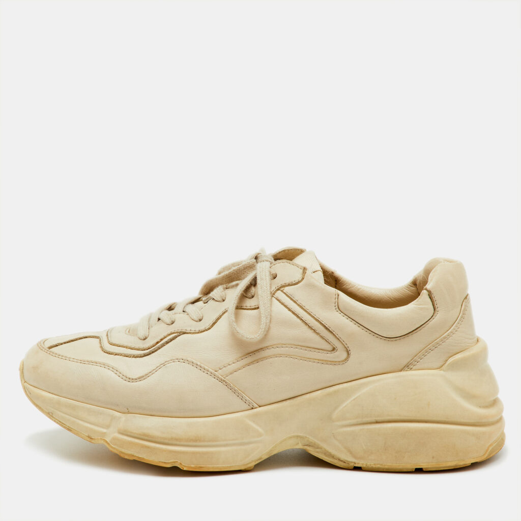 luxury-women-gucci-used-shoes-p1242947-001-1.jpg Gucci Cream Leather Rhyton Distressed Ivory Lace Up Sneakers Size 40