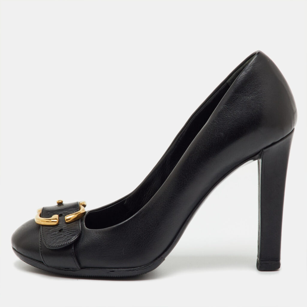 luxury-women-gucci-used-shoes-p1242949-001.jpg Gucci Black Leather GG Buckle Detail Round Toe Pumps Size 36.5