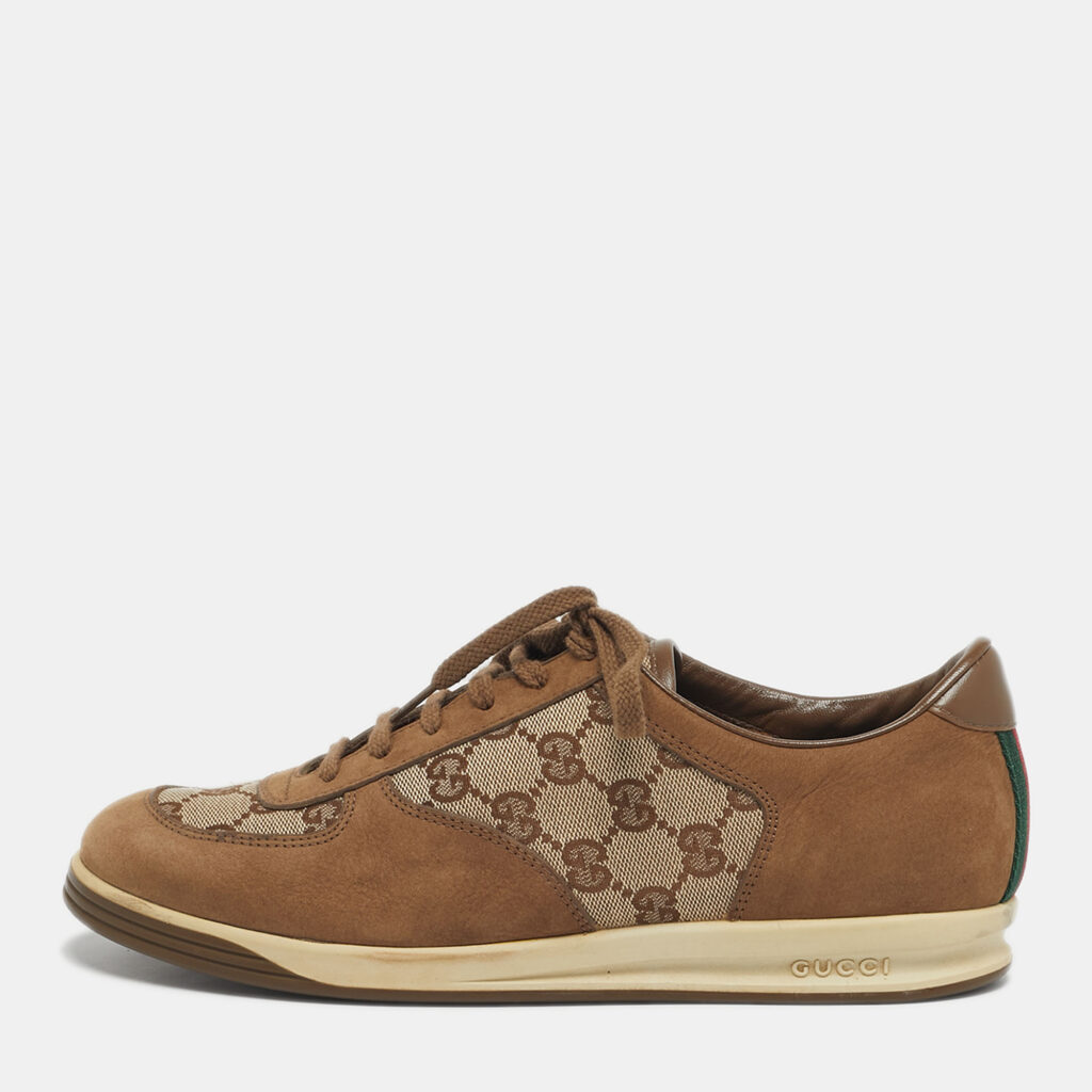 luxury-women-gucci-used-shoes-p1243111-001-1.jpg Gucci Brown/Beige GG Canvas and Suede Web Lace Up Sneakers Size 39