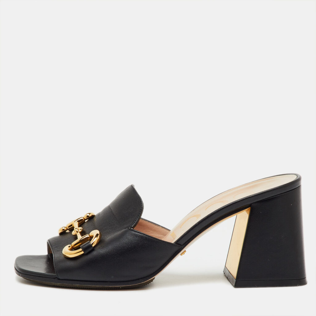 Gucci Black Leather Horsebit Block Heel Slide Sandals Size 37.5