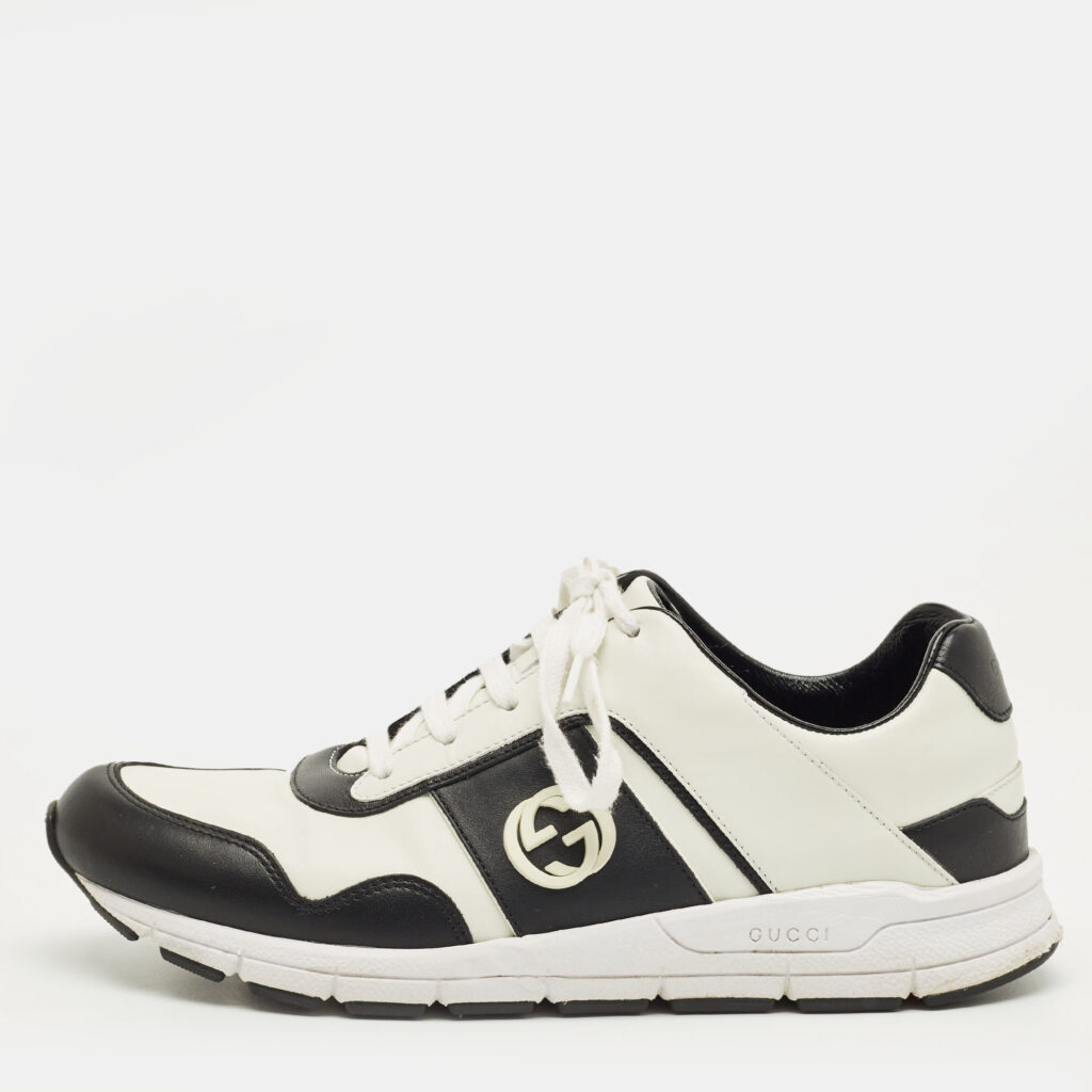 luxury-women-gucci-used-shoes-p1244722-010.jpg Gucci White/Black Leather Interlocking G Sneakers Size 40.5