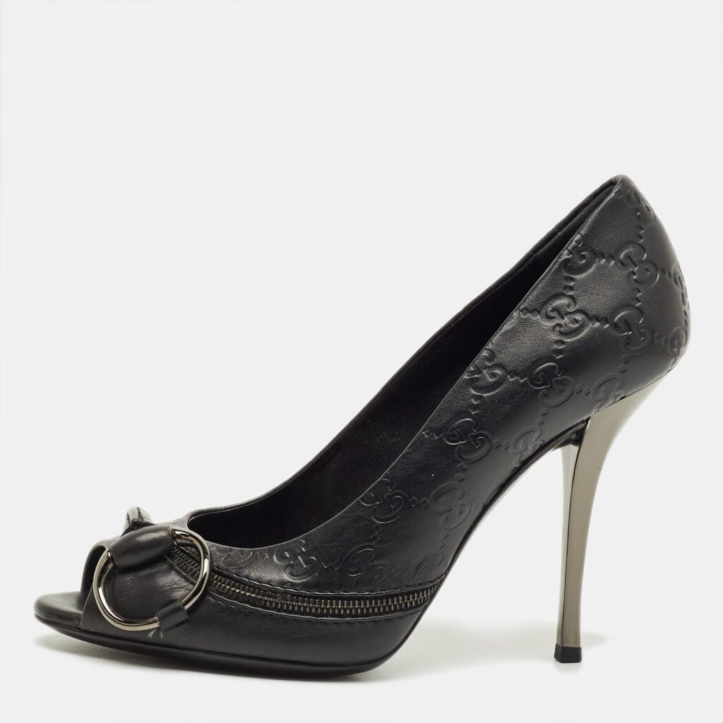 Gucci Black Guccissima Leather Horsebit Peep Toe Pumps Size 39 Gucci Black Guccissima Leather Horsebit Peep Toe Pumps Size 39