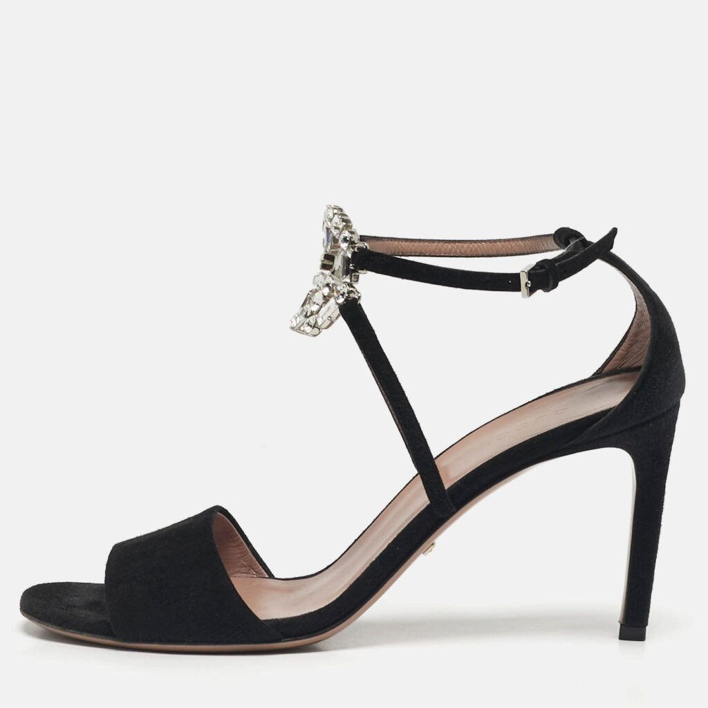 Gucci Black Suede Interlocking G Crystals Ankle Strap Sandals Size 38.5