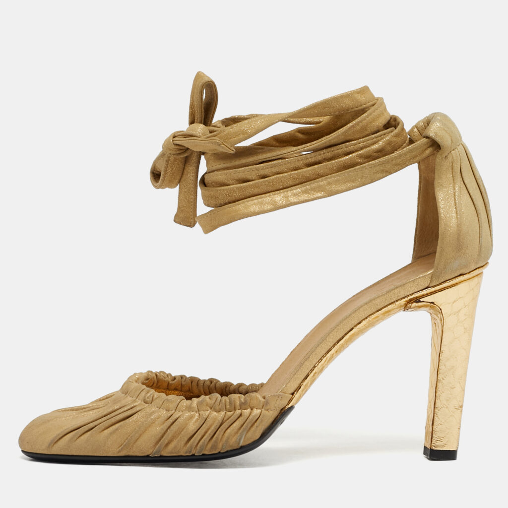 Gucci Size 37.5 Gold Python Embossed Leather and Suede Ankle Wrap Pumps