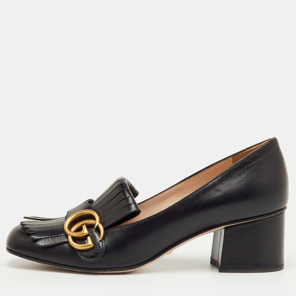 Gucci Black Leather GG Marmont Fringe Detail Block Heel Pumps Size 37 Gucci Black Leather GG Marmont Fringe Detail Block Heel Pumps Size 37