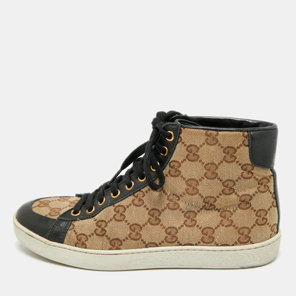 Gucci California Size 36.5 Brown/Navy Blue Coated Canvas and Leather High Top Sneakers Gucci California Size 36.5 Brown/Navy Blue Coated Canvas and Leather High Top Sneakers