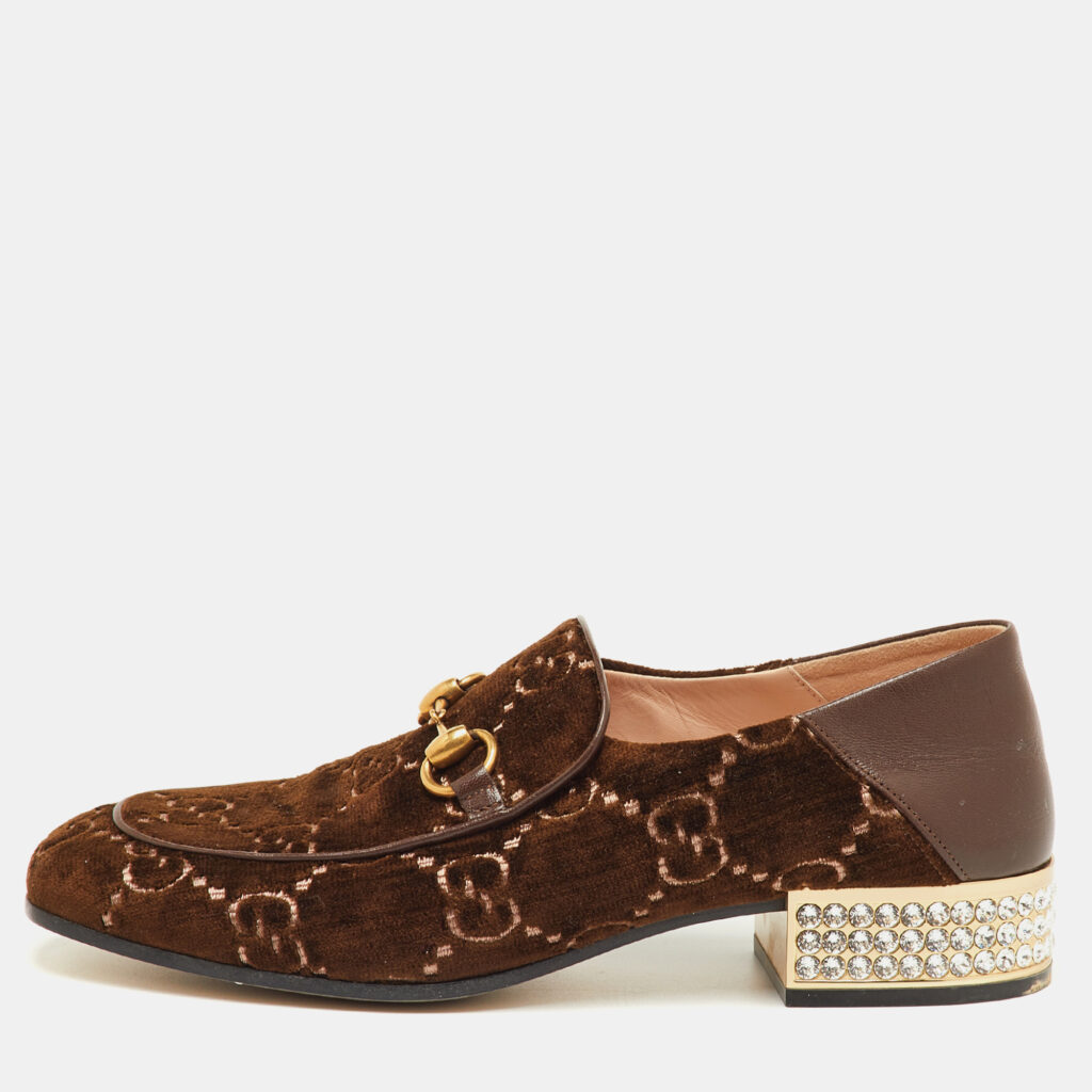 Gucci Mister Crystal Horsebit Size 40.5 Brown GG Velvet Loafers