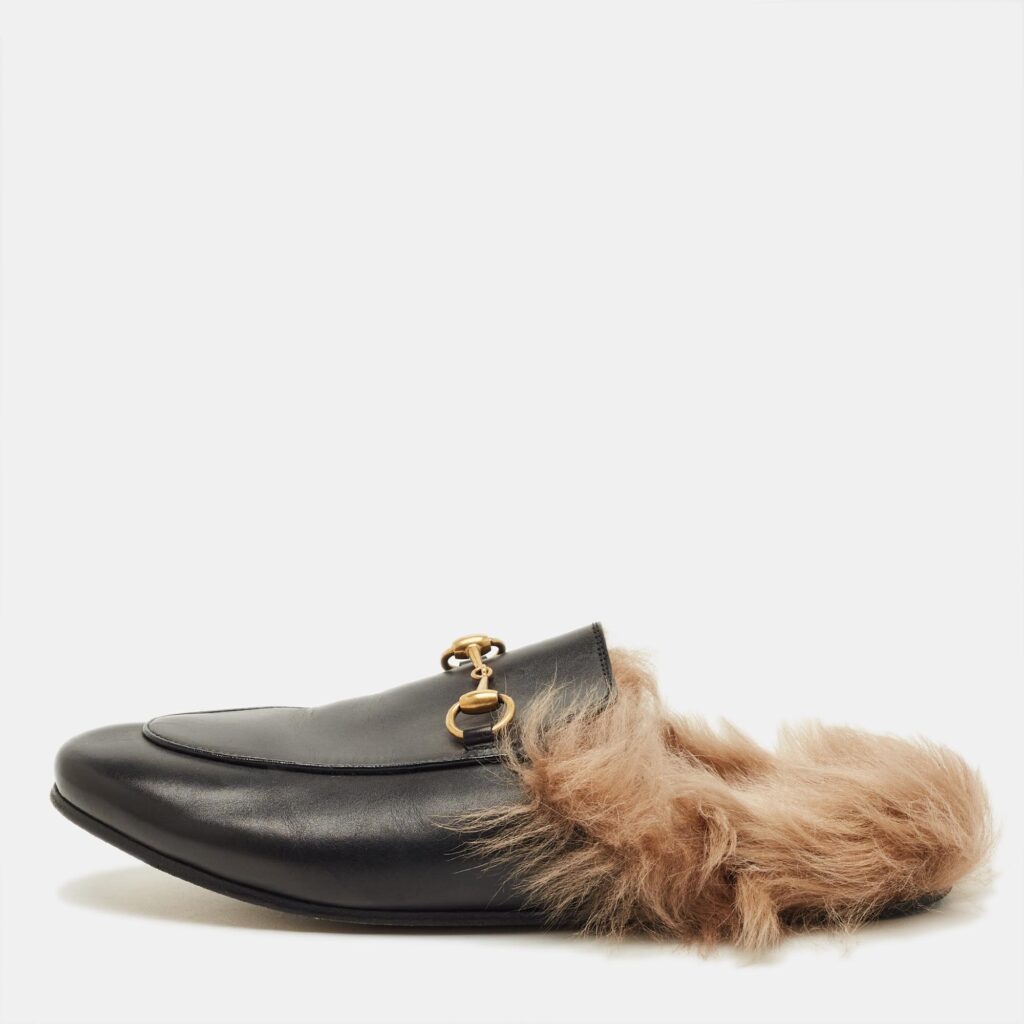 Gucci Princetown Size 36.5 Black Leather and Fur Lined Flat Mules
